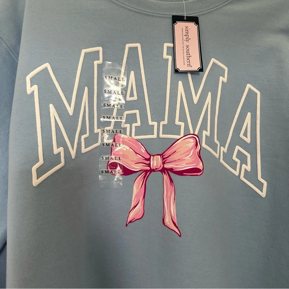 Simply southern Mama Blue Sweater with Pink Bow size S - Picture 2 of 5